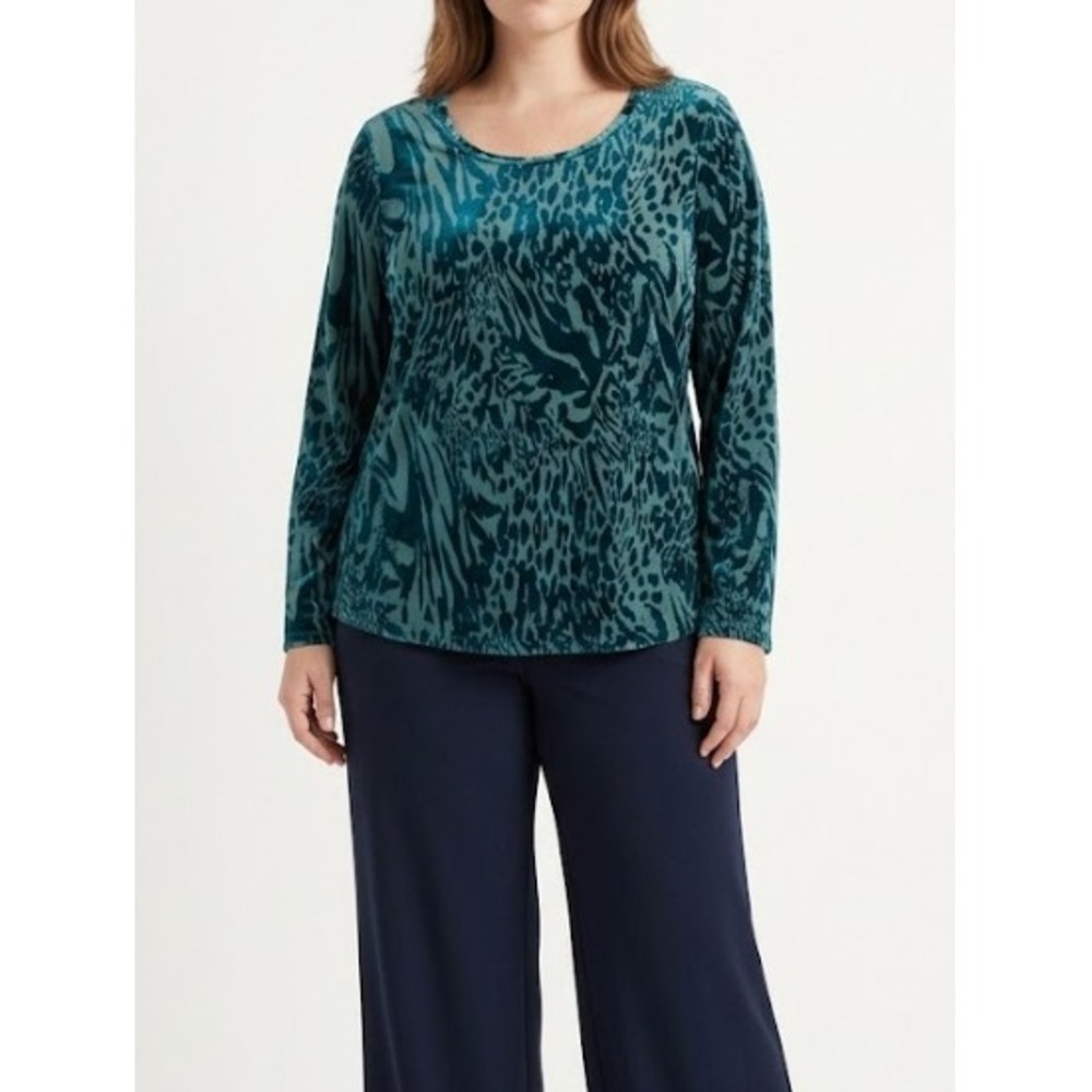 Simply Vera Vera Wang Velvet Burnout Top Large Teal Animal Print Long Sleeve